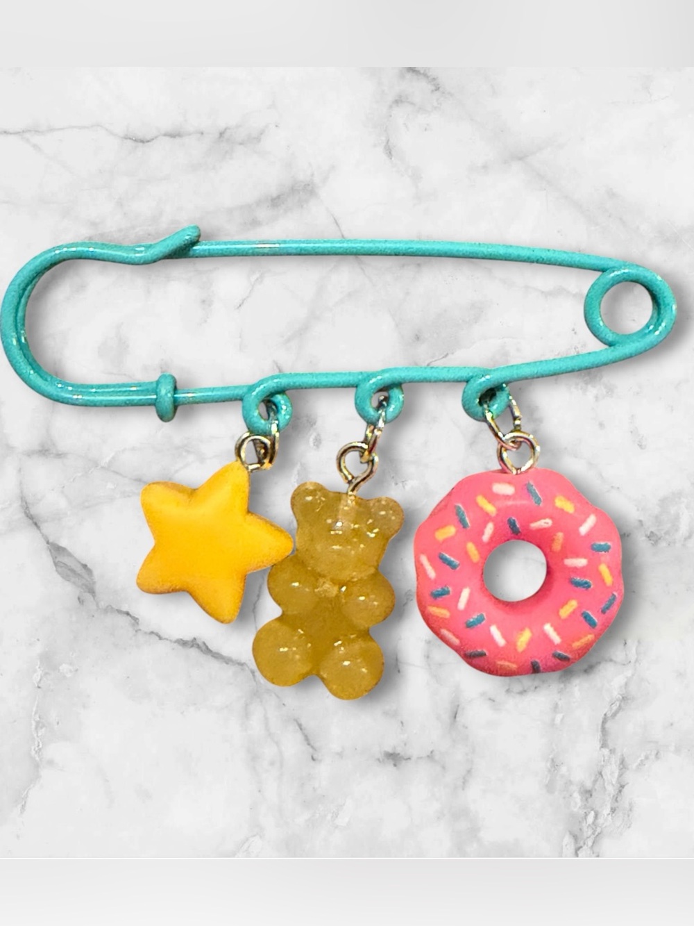 Playful Blue Pin Brooch with Pink Donut, Yellow Star & Yellow Gummy Bear Charms